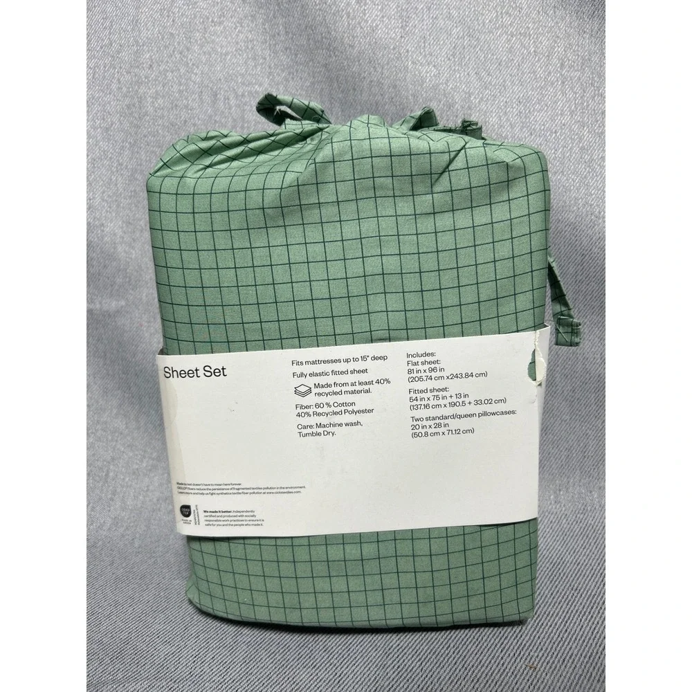 Room Essentials Full Sheet Set Green Grid Cotton Blend Sateen 4 Piece Bedding